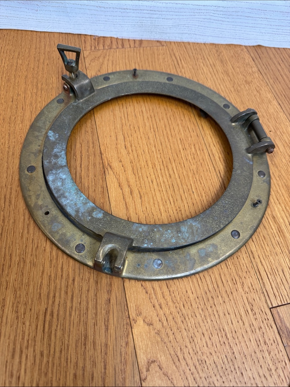 Vintage Brass Metal Porthole Frame - Solid Nautical Accent, Greenish Patina